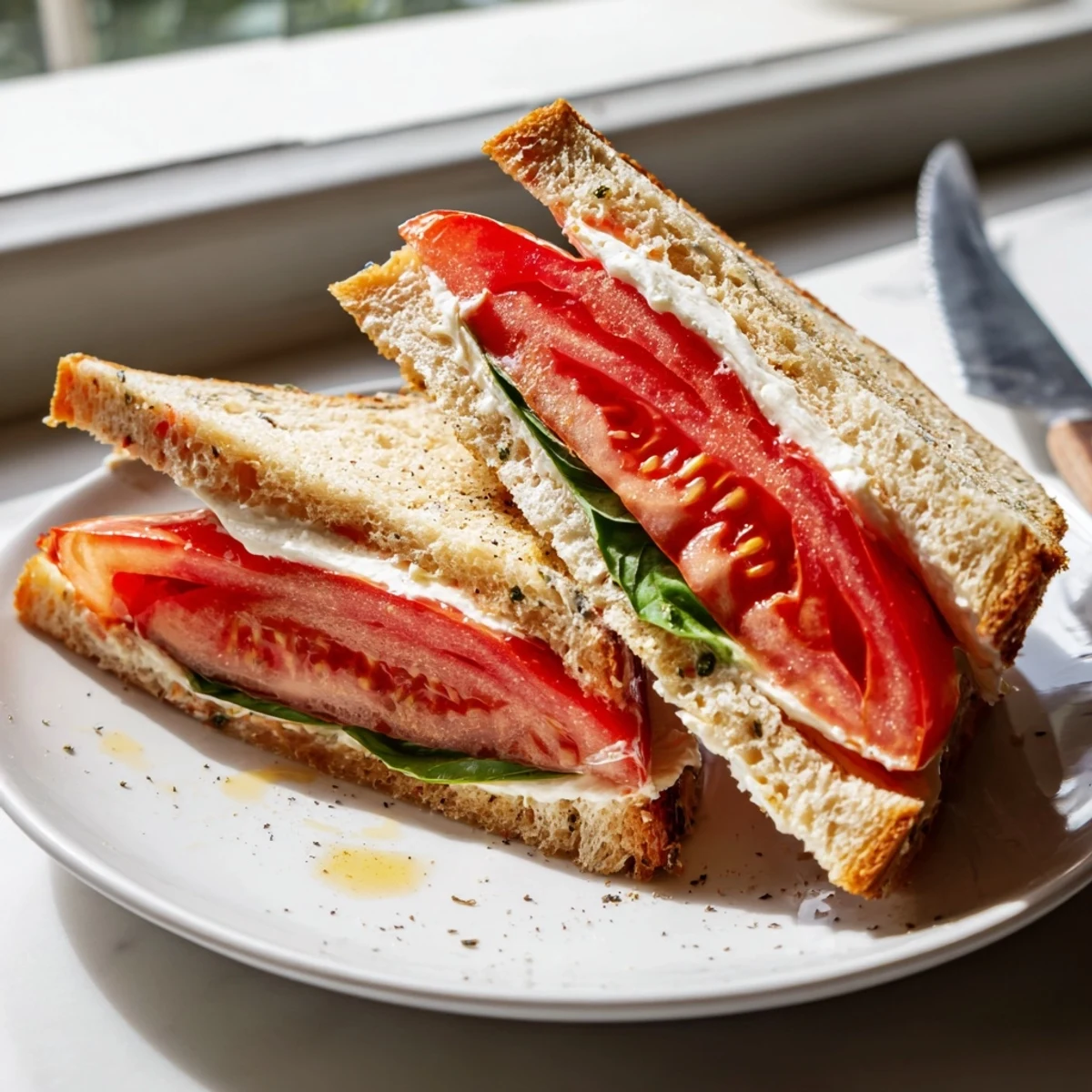 Juicy tomato sandwich on golden toasted bread with creamy mayo and basil