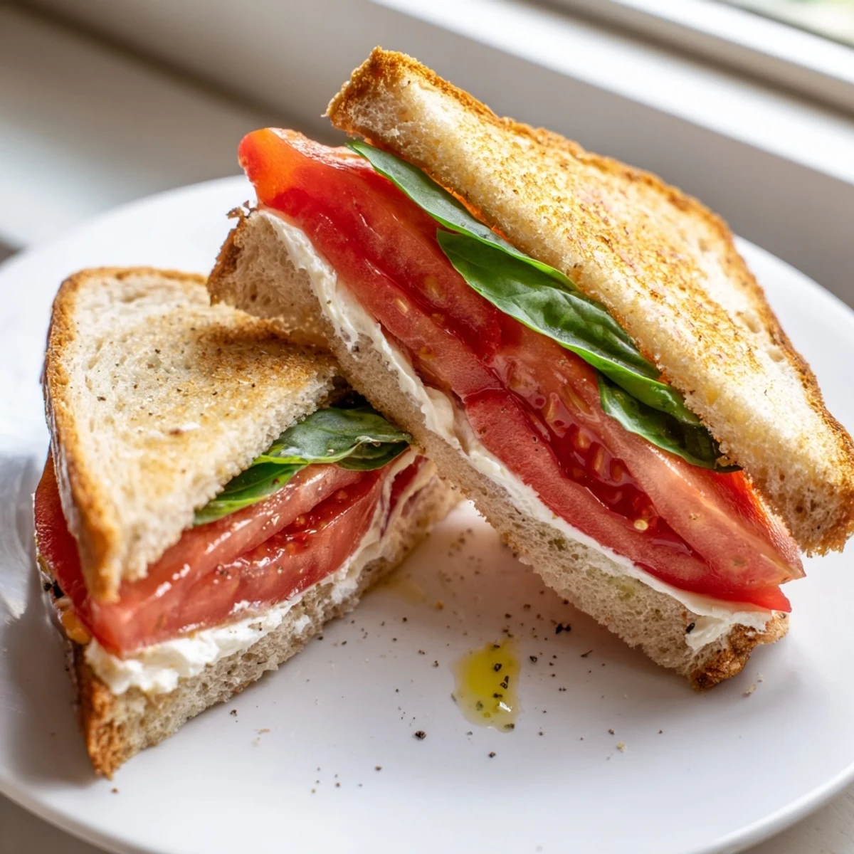 Fresh tomato sandwich drizzled with olive oil and sprinkled with black pepper