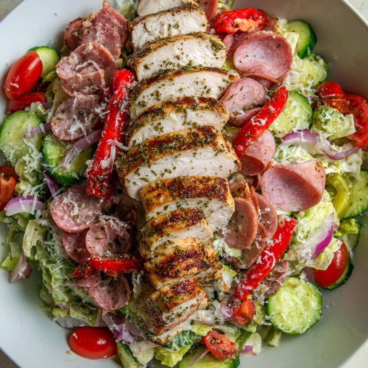Italian Grinder Chicken Salad layered with salami, provolone, and crisp pepperoncini in a vibrant bowl