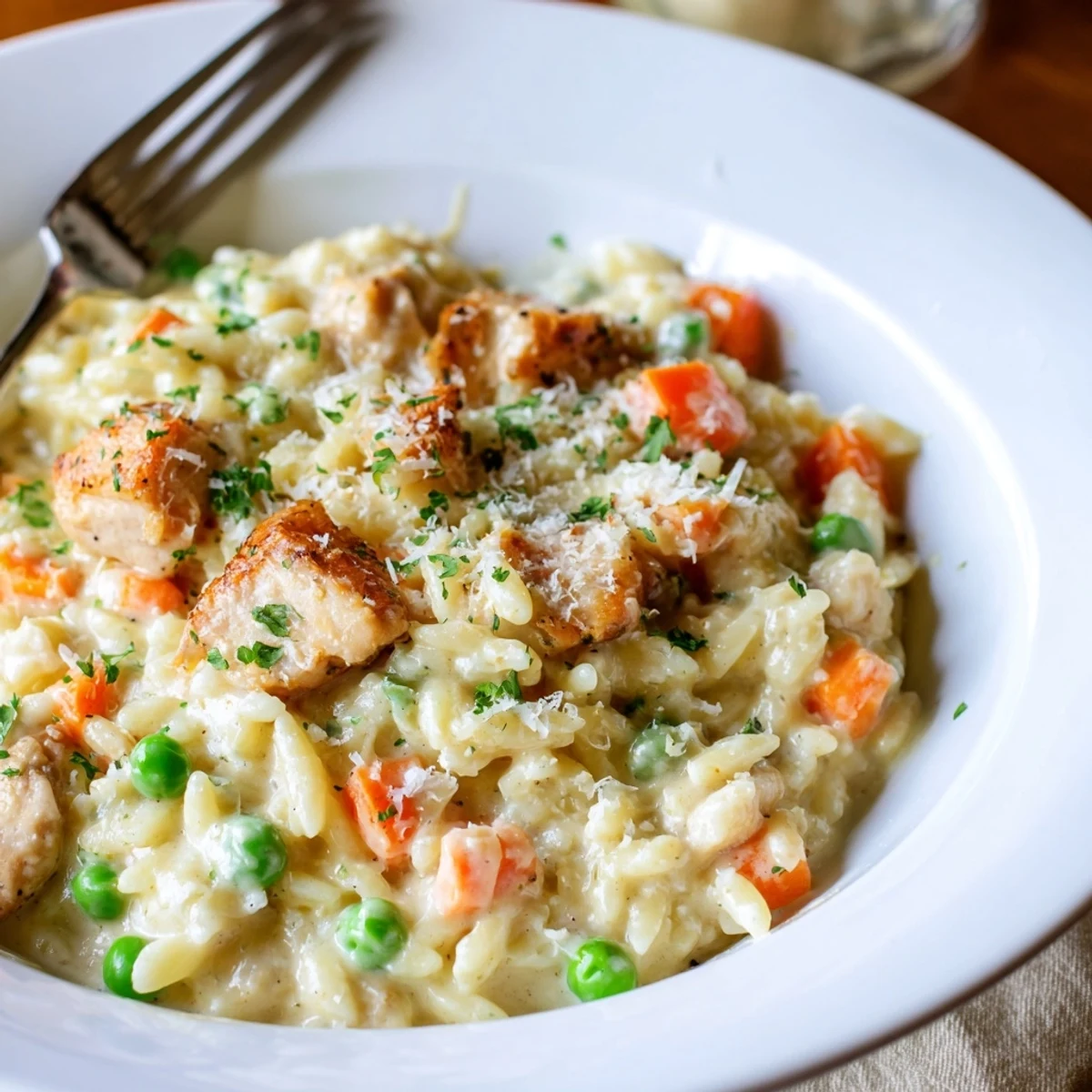 Creamy Chicken Pot Pie Orzo served in a rustic bowl with tender vegetables and Parmesan.
