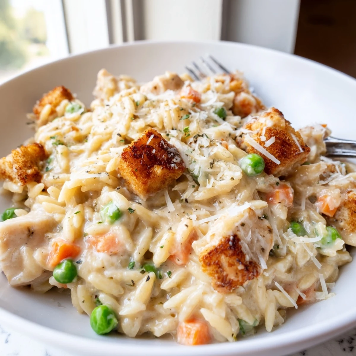 Steaming bowl of Creamy Chicken Pot Pie Orzo topped with fresh parsley and melted cheese.