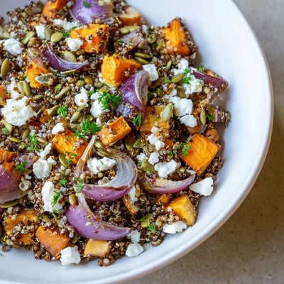 A close-up shows glazed sweet potato and red onion in Warm Quinoa Salad with Roasted Root Vegetables beside a bottle of zesty vinaigrette.