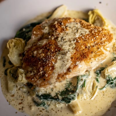 Spinach and artichoke chicken skillet with tender chicken in a cheesy sauce, served family-style with a fork poised for a bite.