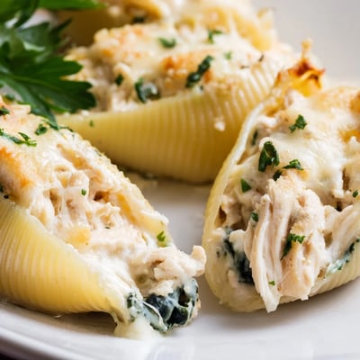 A close-up of Chicken Alfredo Stuffed Shells with Spinach, garnished with fresh parsley and Parmesan.