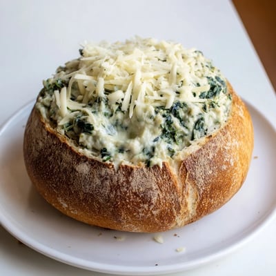 Spoon dipping into hot, cheesy Creamy Spinach Dip from a rustic sourdough bread bowl at a party.