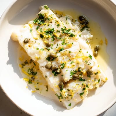 Tender fillets of Baked Haddock with Lemon, Capers, and Butter sit in a bubbling, zesty butter sauce in a baking dish.
