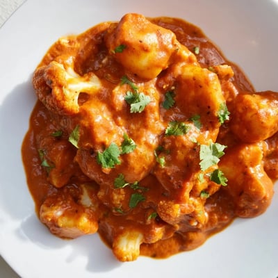 Warm Indian Butter Spiced Potatoes and Cauliflower served over fluffy basmati rice with a lemon wedge.