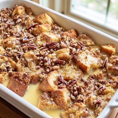 A close-up of French Toast Casserole served warm with maple syrup drizzle.