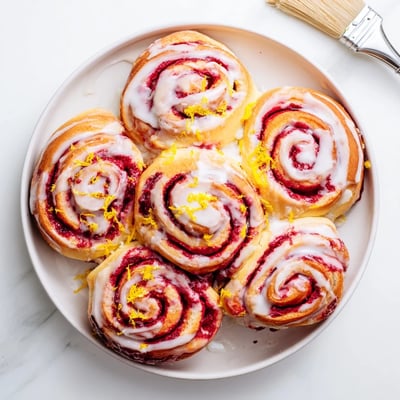 Freshly baked Raspberry Cinnamon Rolls with Lemon Glaze on a plate, topped with sweet glaze dripping down the sides.