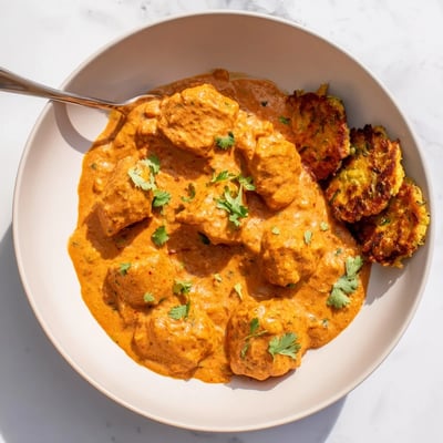 A close-up view shows the rich orange Butter Chicken and Vegetable Fritters simmering in a skillet, ready to be served over fluffy rice.