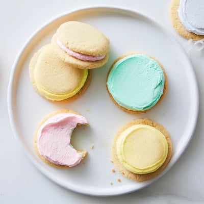 Homemade pastel sugar cookie sandwiches stacked neatly, revealing soft sugar cookies and pastel frosting centers, ideal for festive dessert platters and gatherings.