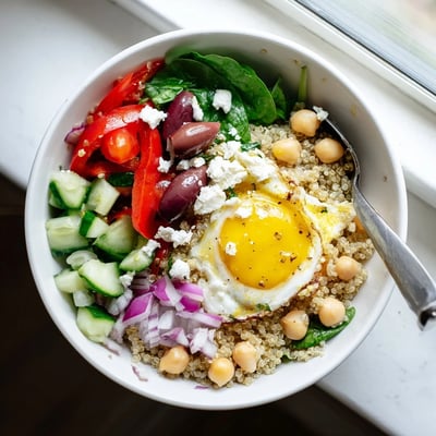A vibrant Mediterranean Breakfast Bowl features creamy feta, chickpeas, and Kalamata olives on a bed of warm grains, drizzled with lemon-oregano dressing.