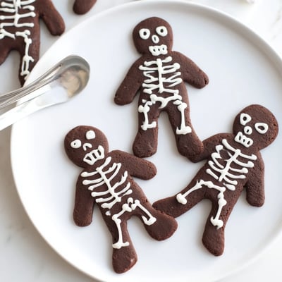 Dark cocoa Chocolate Cinnamon Skeleton Cookies arranged on a rustic tray for Halloween