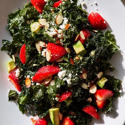 Hearty kale tossed with juicy berries, crisp cucumber, and creamy avocado drizzled with golden vinaigrette.