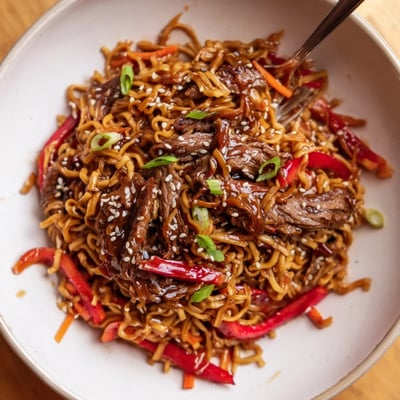 Pan-tossed Sticky Beef Noodles steaming hot with crisp bell pepper and scallions  