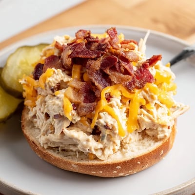 Warm Crack Chicken Sandwiches scooped from bubbly casserole, ready for picnic plates.