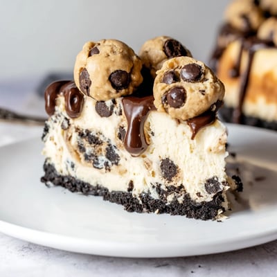 Slice of Chocolate Chip Cookie Dough Cheesecake on plate, cookie crust visible