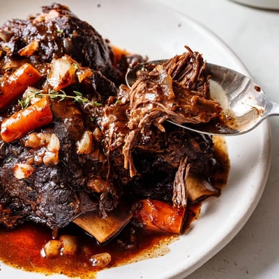 Tender oven braised beef short ribs nestled over creamy mashed potatoes with aromatic herb gravy