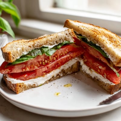 Ripe red tomato slices layered in a classic summer tomato sandwich